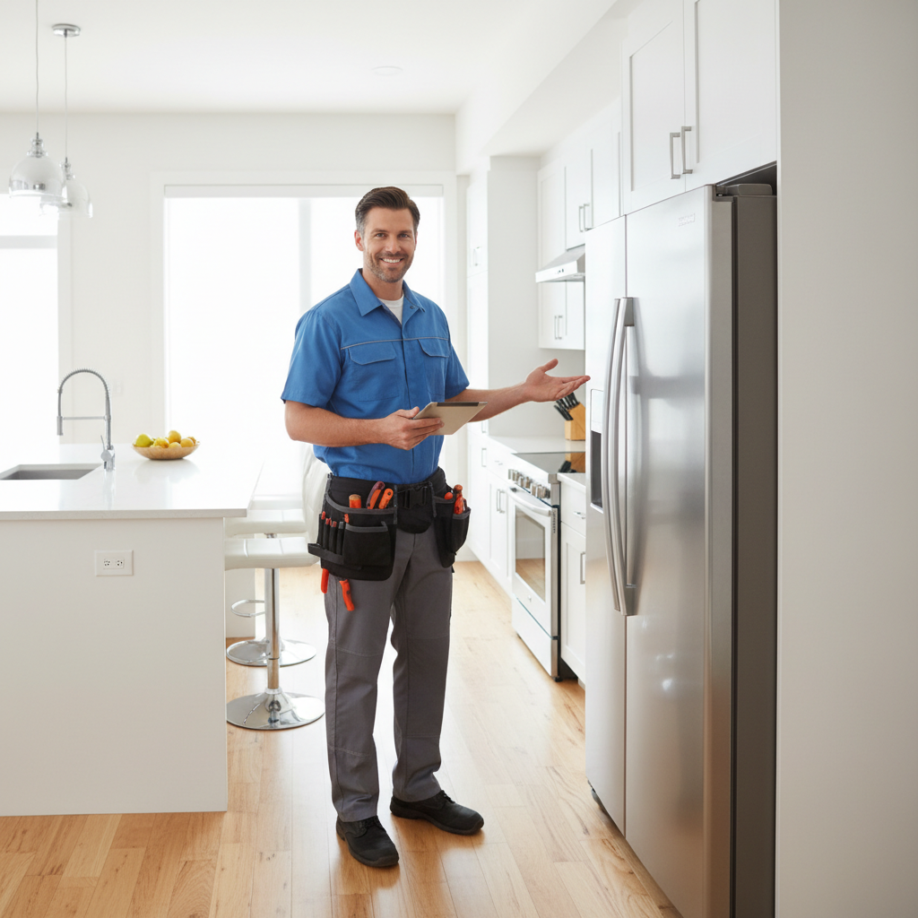 Smiling appliance repair technician in a modern kitchen
